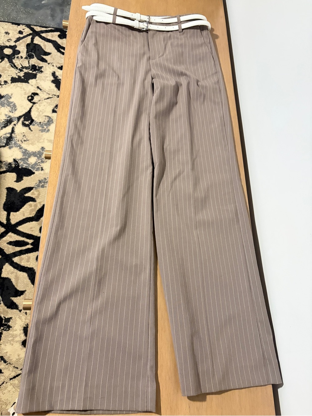 Zara Taupe Pinstripe Wide-Leg Trousers, Double Belt, Size 2, NWOT